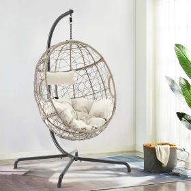 Patio Wicker Swing Egg Chair Basket Rattan Teardrop Hanging Lounge Chair with Stand and Cushions (Color: Beige)