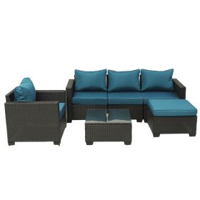 6 Pieces Outdoor Wicker Furniture Set Patio Rattan Sectional Conversation Sofa Set with Ottoman and Glass Top Table for Balcony  or Lawn (Color: as picture)