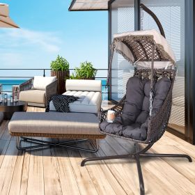 Swing Egg Chair with Stand Indoor Outdoor, UV Resistant Cushion Hanging Chair with Cup Holder, Anti-Rust with Wicker Rattan Frame 350 lb Capacity (Color: Brown)