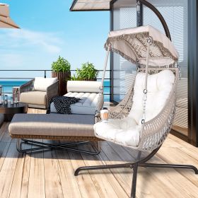 Swing Egg Chair with Stand Indoor Outdoor, UV Resistant Cushion Hanging Chair with Cup Holder, Anti-Rust with Wicker Rattan Frame 350 lb Capacity (Color: Beige)