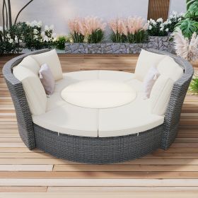 Patio 5-Piece Round Rattan Sectional Sofa Set All-Weather PE Wicker Sunbed Daybed with Round Liftable Table and Washable Cushions for Outdoor Backyard (Color: Beige)