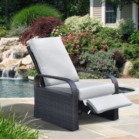 Outdoor Recliner Chair;  Automatic Adjustable Wicker Lounge Recliner Chair with 5.12'' Thicken Cushion (Color: Gray, Material: Brown Wicker)