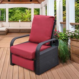 Outdoor Recliner Chair;  Automatic Adjustable Wicker Lounge Recliner Chair with 5.12'' Thicken Cushion (Color: Red, Material: Brown Wicker)