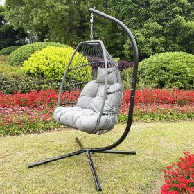 Outdoor Patio Wicker Folding Hanging Chair; Rattan Swing Hammock Egg Chair With Cushion And Pillow (Color: Gray)