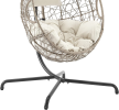 Patio Wicker Swing Egg Chair Basket Rattan Teardrop Hanging Lounge Chair with Stand and Cushions