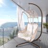 Swing Egg Chair with Stand Indoor Outdoor, UV Resistant Cushion Hanging Chair with Cup Holder, Anti-Rust with Wicker Rattan Frame 350 lb Capacity