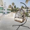 Swing Egg Chair with Stand Indoor Outdoor Wicker Rattan Patio Basket Hanging Chair with C Type bracket, with Cushion and Pillow, Foldable