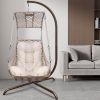 Swing Egg Chair with Stand Indoor Outdoor, UV Resistant Cushion Hanging Chair with Cup Holder, Anti-Rust with Wicker Rattan Frame 350 lb Capacity