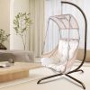 Swing Egg Chair with Stand Indoor Outdoor, UV Resistant Cushion Hanging Chair with Cup Holder, Anti-Rust with Wicker Rattan Frame 350 lb Capacity