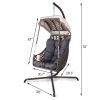 Swing Egg Chair with Stand Indoor Outdoor, UV Resistant Cushion Hanging Chair with Cup Holder, Anti-Rust with Wicker Rattan Frame 350 lb Capacity