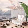 Swing Egg Chair with Stand Indoor Outdoor, UV Resistant Cushion Hanging Chair with Cup Holder, Anti-Rust with Wicker Rattan Frame 350 lb Capacity